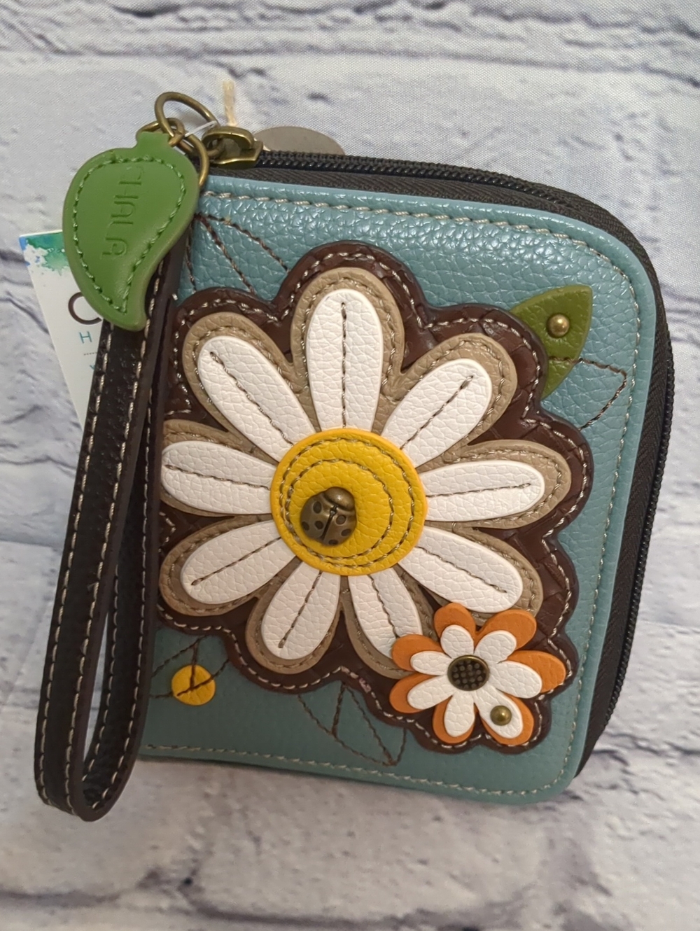 Chala Blue Floral Daisy Zip Wristlet Wallet with Brown, White & Yellow Accents